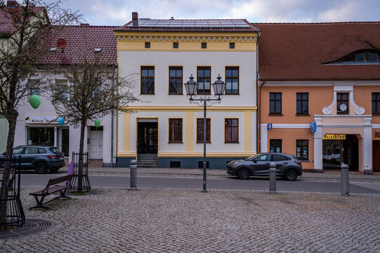 Historic town square with colorful fa&ccedil;ades in Calau, Germany