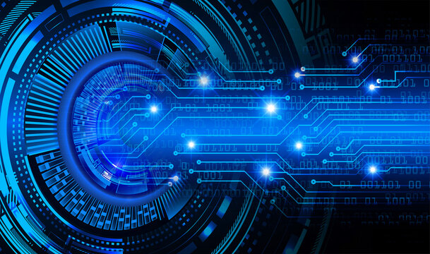 Blue circuit board with glowing lights and digital connections technology concept