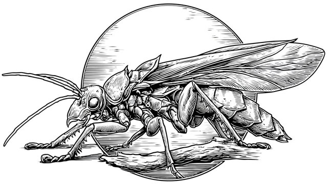 Intricate black and white engraving of an insect with detailed wings and body resting on wood
