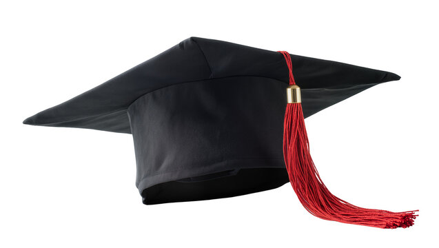 Black graduation cap with red tassel, isolated on transparent background