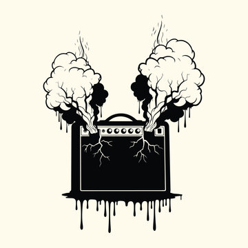 Guitar Amplifier with Smoke Trees Lightning Ink Drip Vector T-Shirt Design Illustration