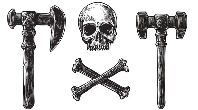 Black and white illustration featuring a skull, crossed bones, and two different types of hammers