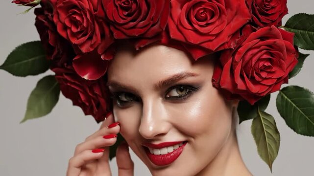 Glamorous woman with dramatic makeup and a crown of deep red roses