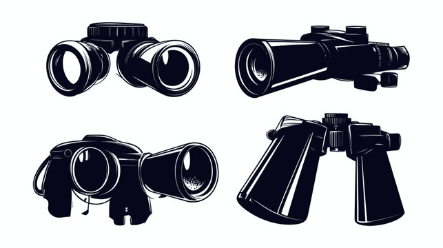 Four black and white illustrations of different types of binoculars with various angles and styles