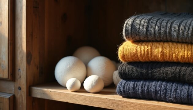 Folded sweaters in dark antique wood closet. White camphor balls sit on shelf. Soft window light streams onto wool textiles, creating cozy, clean storage scene.