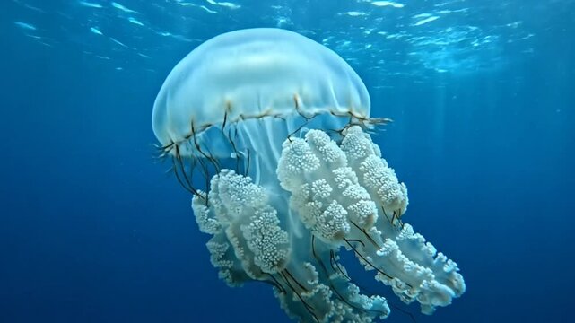 Graceful underwater view of a large jellyfish floating in clear blue ocean water with sunlight