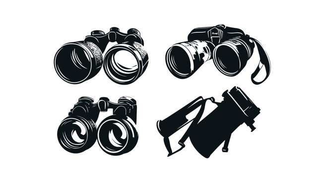 Four black and white illustrations of different types of binoculars and a telescope