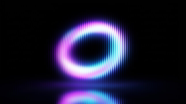 Futuristic vertical strip glass neon glowing ring with vertical scanline texture, vibrant purple and blue light circle on black background, abstract digital technology halo