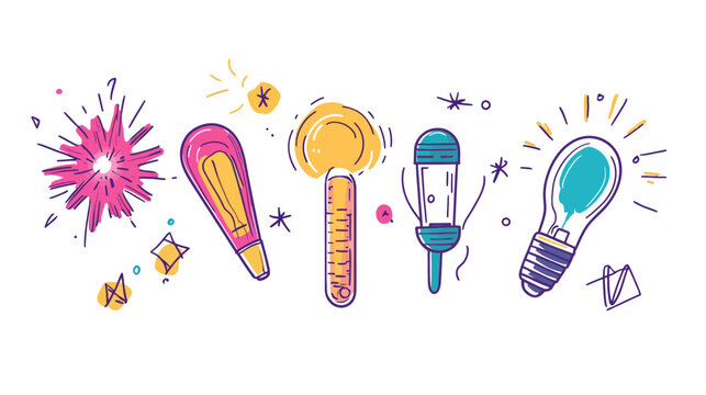A vibrant, hand-drawn illustration with five conceptual objects and decorative star bursts