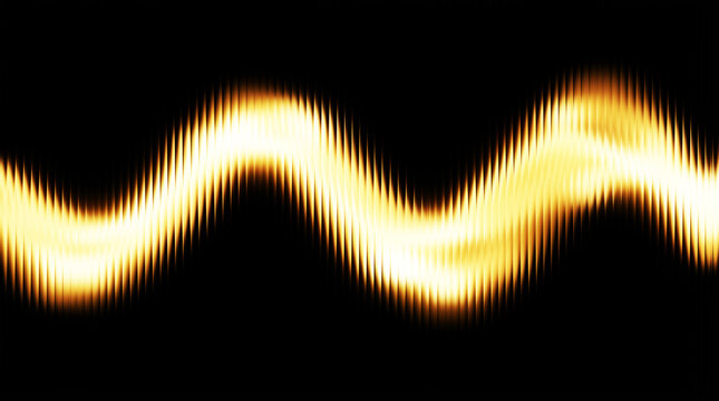 Glowing vertical strip glass, golden soundwave on black background, abstract audio frequency visualization, luminous light wave with digital interference texture