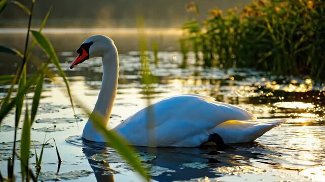 Graceful Swan Gliding Serenely on Calm Water at Dawn with Sunlight and Reeds Creating a Scenic Nature Landscape