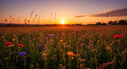 Fototapeta premium A serene field of colorful wildflowers at sunset with a clear sky
