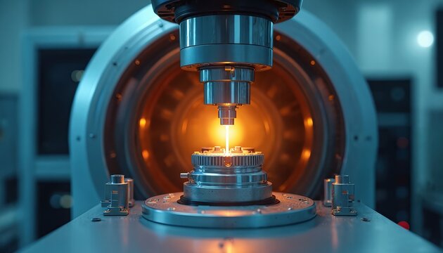 Scanning electron microscope scans metallic sample in vacuum chamber. Scientific instrument performs detailed analysis for nanotechnology research and material study.