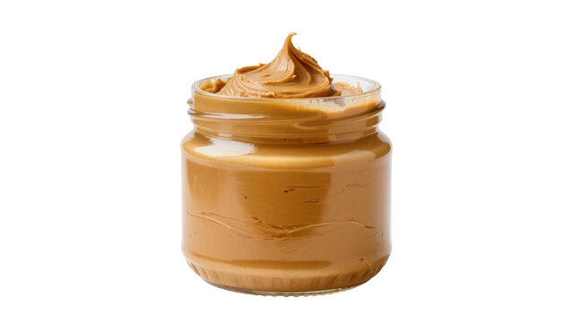 Creamy peanut butter in glass jar with swirl on top, isolated on transparent background