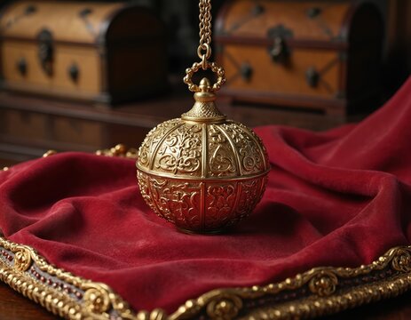 Ornate gold pomander, ornate ambergris ball, hangs from chain. Scented sphere rests on red velvet cloth. Luxury object for perfume or aromatherapy.