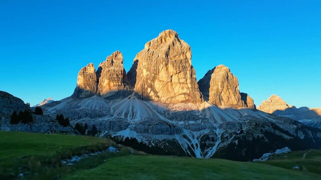 Breathtaking sunrise illuminating the iconic Tre Cime di Lavaredo mountain peaks against a clear blue sky