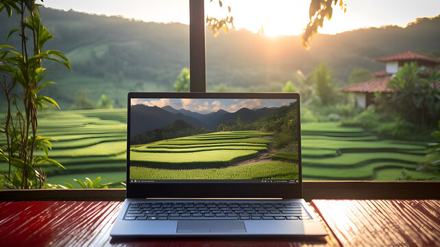 Laptop on a wooden desk displays a serene landscape of green fields and hills at sunrise.