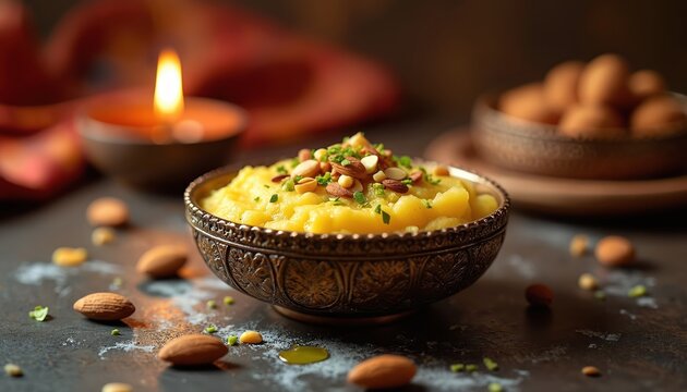 Bright yellow semolina pudding with nuts and herbs in decorative bowl. Candle glows nearby with scattered almonds and nuts on dark textured surface.