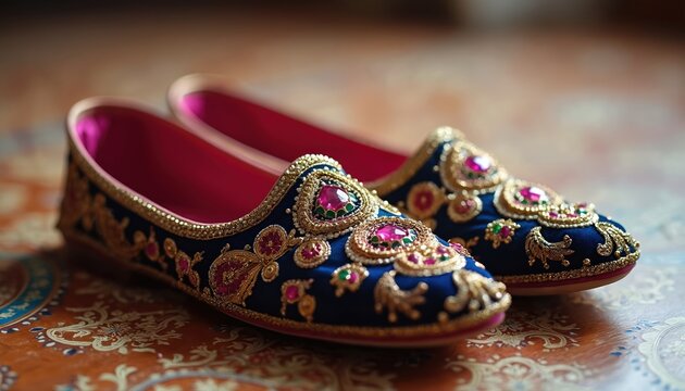 Pair of ornate dark blue velvet Indian slippers richly embroidered with gold thread, colorful jewels. Traditional wedding shoes feature intricate patterns, luxurious finish perfect for festive