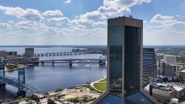 aerial footage of skyscrapers and office buildings along the St. John&rsquo;s River in Jacksonville Florida USA