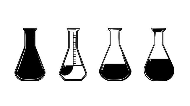 Four black and white illustrations of laboratory flasks, varying fill levels and designs