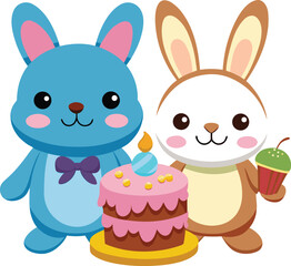 Obraz premium Two Cartoon Rabbits Celebrating with a Birthday Cake and Drink