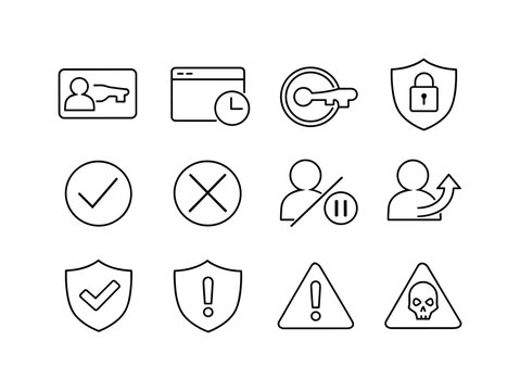Line style vector icons of account permission icons: access, session, token, credential; enable, disable, suspend, restore;
