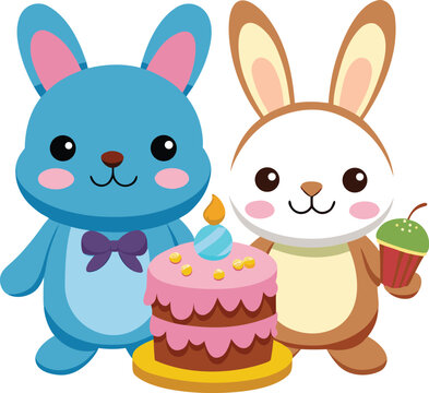 Two Cartoon Rabbits Celebrating with a Birthday Cake and Drink