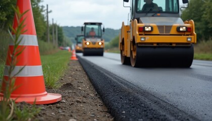 Fototapeta premium Heavy machines compact new asphalt on rural road. Orange cones mark construction zone. Daytime work improves local infrastructure for travel safety.