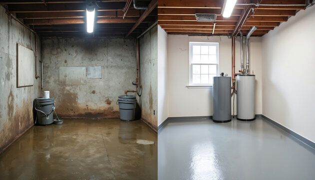 Basement before and after renovation. Flooded concrete walls contrast with clean, dry space, water heaters stand near window. Home repair project completed.