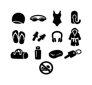 Solid vector icons of swimmer equipment: swim cap, goggles, swimsuit, towel hook, flip flop, ear plug, nose clip, robe, sports