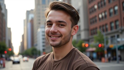 Fototapeta premium Confident Smiling Asian Man on Busy City Street