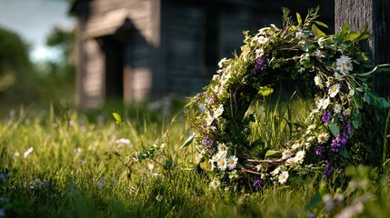 Fototapeta premium Flower wreath on grass near wooden cabin in sunny outdoor setting
