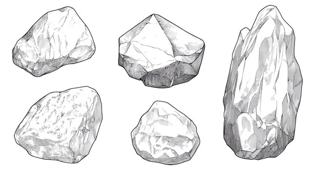 Hand-drawn grayscale illustration showcasing five unique stones and rock formations