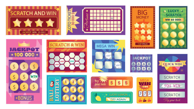 Lottery scratch tickets elements set design. Collection with realistic templates for money win coupons, instant win cards, lotto numbers combination mark, lucky game with reward. Vector illustration.
