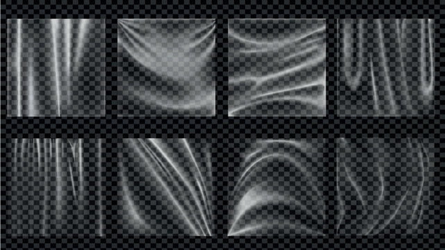 Plastic wrap elements set design. Collection with square plastic packaging mockups with folded and wrinkles surface, empty polyethylene wrapping stretch films for album covers. Vector illustration.