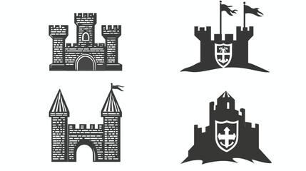 Fototapeta premium Four stylized castle illustrations, featuring brick walls, towers, flags, and shields, isolated on white