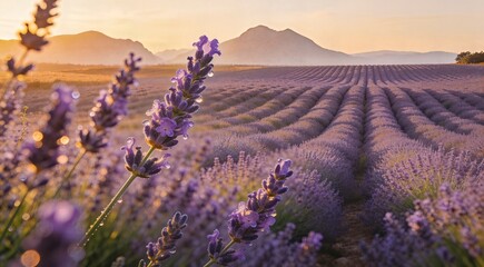 Obraz premium Lavender field at sunrise with mountains and morning dew on purple flowers