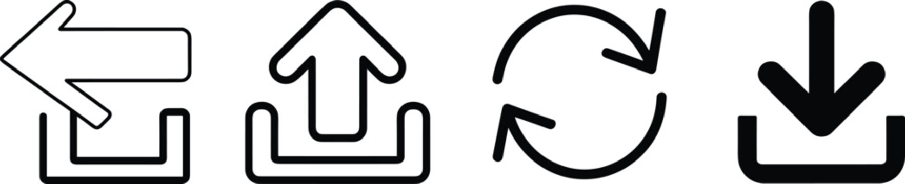 Four arrow icons showing upload download and refresh actions on white background Keywords: arrow, upload, download, refresh, repeat, circular