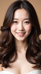Obraz premium Elegant Asian Beauty with Glowing Korean Makeup Portrait on Beige Background