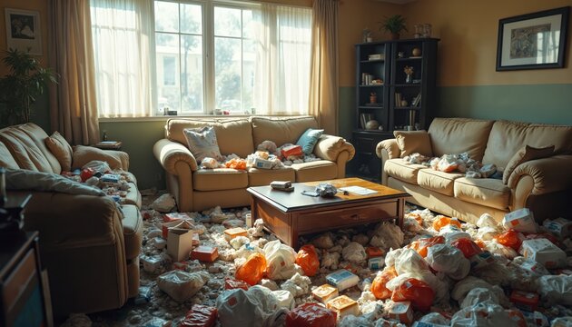 Messy living room full of trash and garbage bags piled on floor and furniture. Disorganized home interior with widespread disorder and uncleanliness, indicating neglect or hoarding situation.