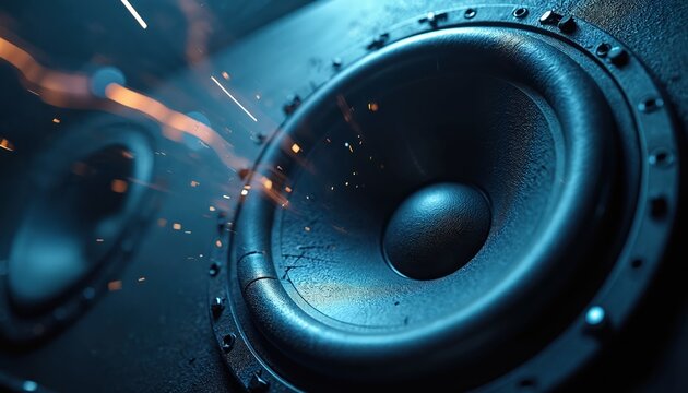 Subwoofer speaker cone vibrates intensely creating sound waves. Sparks fly around loud audio equipment in dark studio. Powerful bass music drives energy.