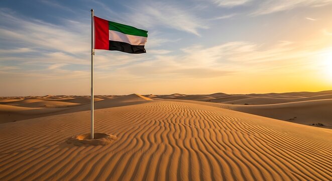 United arab emirates flag waving proudly in the desert landscape at sunset