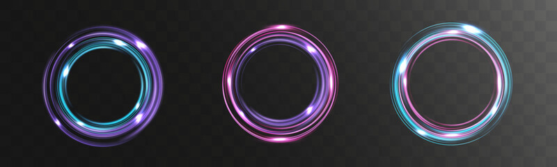 Light neon glowing circular rings set isolated on transparent background futuristic energy loop effect collection.  © Olga