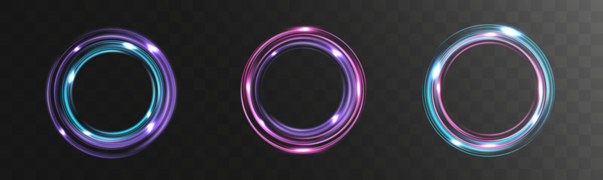Light neon glowing circular rings set isolated on transparent background futuristic energy loop effect collection.

