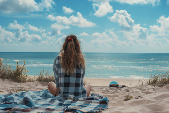 Woman sitting on sandy beach looking at ocean horizon, peaceful summer coastal scene