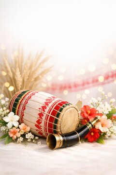 Vertical festive background for Bohag Bihu celebration with traditional dhol drum, pepa horn, and spring flowers. Bright airy composition with soft bokeh lights and copy space for text.