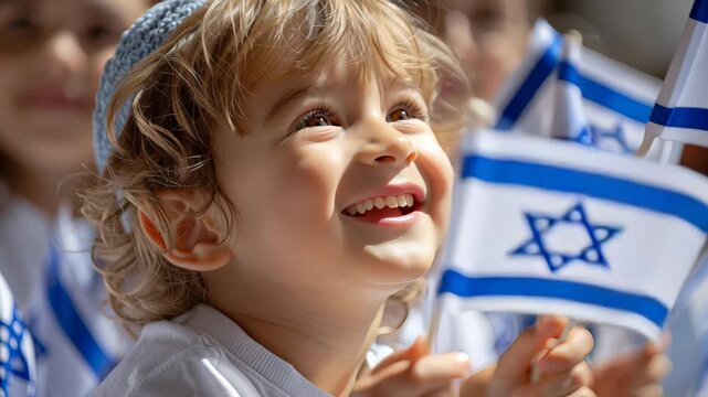 Close up video of happy child waving Israeli flags during Jerusalem Day celebration in warm sunlight. Concept of joy, unity, future, peaceful tradition and national identity.