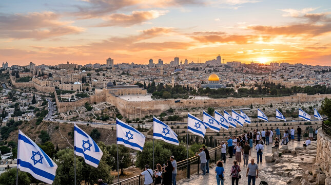 Panoramic view of Jerusalem with Israeli flags at sunset during Jerusalem Day. Concept of heritage, unity, national identity, freedom and sacred city celebration.