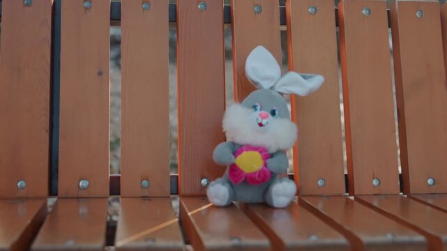 Small plush bunny on bench, left outdoors after snatcher incident closeup on wooden slats, pastel toy clutching felt flower, soft winter light, subtle snow, empty park, melancholic atmosphere